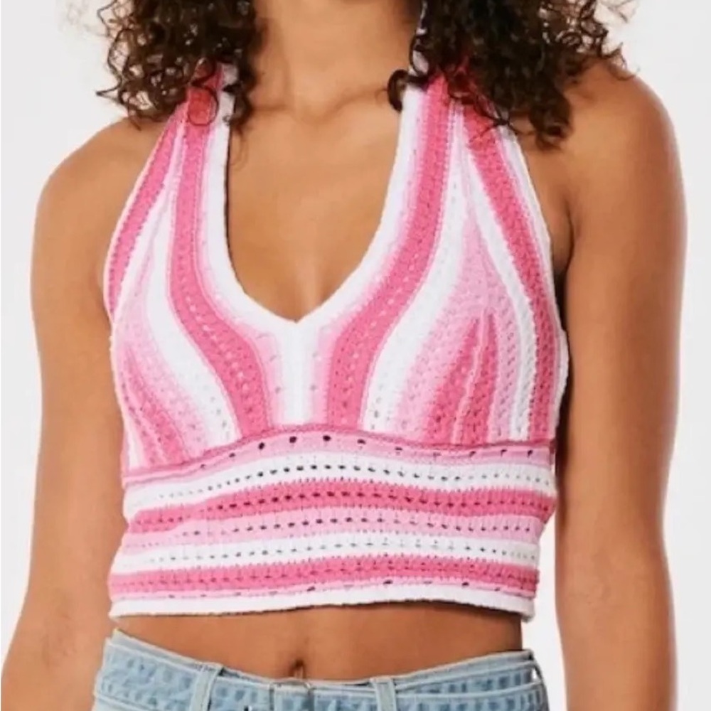 Hollister Pink and White knitted halter top